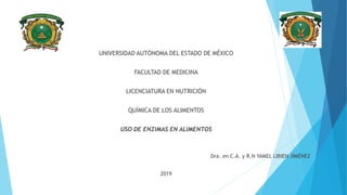 UNIVERSIDAD AUTÓNOMA DEL ESTADO DE MÉXICO
FACULTAD DE MEDICINA
LICENCIATURA EN NUTRICIÓN
QUÍMICA DE LOS ALIMENTOS
USO DE ENZIMAS EN ALIMENTOS
Dra. en C.A. y R.N YAMEL LIBIEN JIMÉNEZ
2019
 