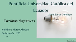 Enzimas digestivas
01
Pontificia Universidad Católica del
Ecuador
Sede Santo Domingo
Nombre : Mateo Alarcón
Enfermería 1"B"
Bioquímica
 