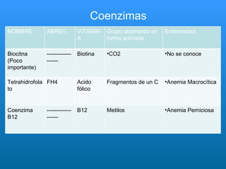 Coenzimas NOMBRE ABREV. VITAMINA Grupo acarreado en forma activada Enfermedad Biocitna (Poco importante) ------------------- Biotina CO2 No se conoce Tetrahidrofolato FH4 Acido fólico Fragmentos de un C Anemia Macrocítica Coenzima B12 ------------------- B12 Metilos Anemia Perniciosa 