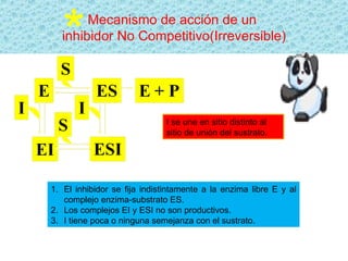 El inhibidor se fija indistintamente a la enzima libre E y al complejo enzima-substrato ES. Los complejos EI y ESI no son productivos. I tiene poca o ninguna semejanza con el sustrato. Mecanismo de acción de un  inhibidor No Competitivo(Irreversible) I se une en sitio distinto al sitio de unión del sustrato. *   