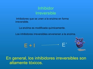 En general, los inhibidores irreversibles son altamente tóxicos. E´ E + I Inhibidores que se unen a la enzima en forma irreversible.  La enzima es modificada químicamente. Los inhibidores irreversibles envenenan a la enzima. Inhibidor Irreversible 