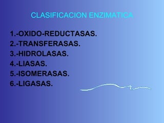 CLASIFICACION ENZIMATICA 1.-OXIDO-REDUCTASAS. 2.-TRANSFERASAS. 3.-HIDROLASAS. 4.-LIASAS. 5.-ISOMERASAS. 6.-LIGASAS. 