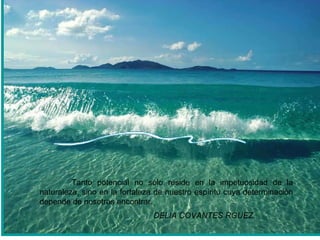 Tanto potencial no sólo reside en la impetuosidad de la naturaleza, sino en la fortaleza de nuestro espíritu cuya determinación depende de nosotros encontrar.   DELIA COVANTES RGUEZ. 