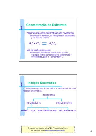 Concentração do Substrato

    Algumas reacções enzimáticas são reversíveis.
       Em ambos os sentidos, as reacções são catalizadas
        pela mesma enzima


      H20 + C02                  H2C03

    Lei da acção da massa:
       As reacções reversíveis fazem-se do lado da
         equação onde a concentração é superior (do +
         concentrado, para o – concentrado).




     Inibição Enzimática
  Qualquer substância que reduz a velocidade de uma
 reacção enzimática.

                        INIBIDORES


    REVERSÍVEIS                            IRREVERSÍVEIS


COMPETITIVOS      NÃO COMPETITIVOS              INCOMPETITIVOS




     This page was created using PDF Printer trial software.
         To purchase, go to http://pdfprinter.pdftools.de/
                                                                 14
 