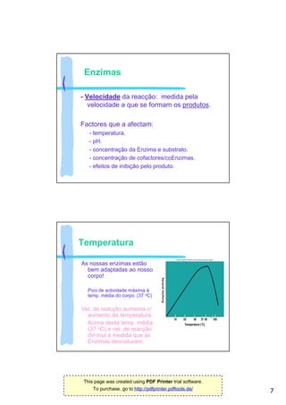 Enzimas

- Velocidade da reacção: medida pela
   velocidade a que se formam os produtos.

Factores que a afectam:
   - temperatura.
   - pH.
   - concentração da Enzima e substrato.
   - concentração de cofactores/coEnzimas.
   - efeitos de inibição pelo produto.




Temperatura

As nossas enzimas estão
  bem adaptadas ao nosso
  corpo!

  Pico de actividade máxima à
  temp. média do corpo. (37 oC)

Vel. de reacção aumenta c/
  aumento da temperatura.
  Acima desta temp. média
  (37 oC) a vel. de reacção
  diminui à medida que as
  Enzimas desnaturam.




 This page was created using PDF Printer trial software.
     To purchase, go to http://pdfprinter.pdftools.de/
                                                           7
 