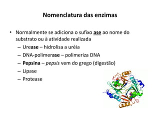Nomenclatura das enzimas
• Normalmente se adiciona o sufixo ase ao nome do
substrato ou à atividade realizada
– Urease – hidrolisa a uréia
– DNA-polimerase – polimeriza DNA
– Pepsina – pepsis vem do grego (digestão)
– Lipase
– Protease
 