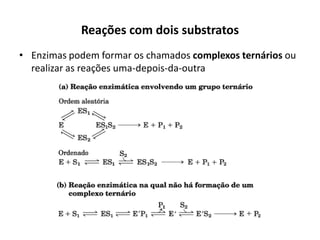 Reações com dois substratos
• Enzimas podem formar os chamados complexos ternários ou
realizar as reações uma-depois-da-outra
 