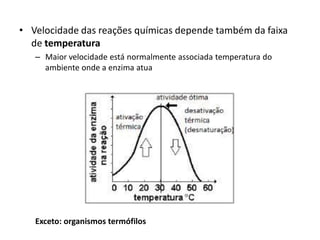 • Velocidade das reações químicas depende também da faixa
de temperatura
– Maior velocidade está normalmente associada temperatura do
ambiente onde a enzima atua
Exceto: organismos termófilos
 