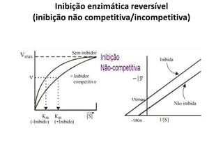 Inibição enzimática reversível
(inibição não competitiva/incompetitiva)
1/Vmax
-1/Km
 