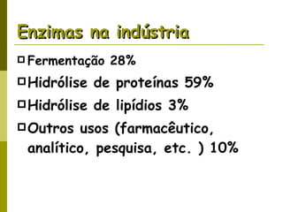 Enzimas na indústria Fermentação 28% Hidrólise de proteínas 59% Hidrólise de lipídios 3% Outros usos (farmacêutico, analítico, pesquisa, etc. ) 10% 