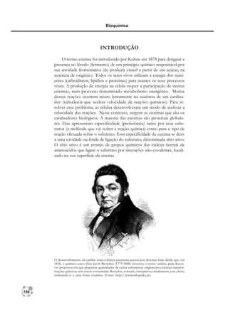196
Bioquímica
INTRODUÇÃO
O termo enzima foi introduzido por Kuhne em 1878 para designar a
presença no lêvedo (fermento) de um princípio químico responsável por
sua atividade fermentativa (de produzir etanol a partir de um açúcar, na
ausência de oxigênio). Todos os seres vivos utilizam a energia dos nutri-
entes (carboidratos, lipídios e proteínas) para manter os seus processos
vitais. A produção de energia na célula requer a participação de muitas
enzimas, num processo denominado metabolismo energético. Muitas
dessas reações ocorrem muito lentamente na ausência de um catalisa-
dor (substância que acelera velocidade de reações químicas). Para re-
solver esse problema, as células desenvolveram um modo de acelerar a
velocidade das reações. Neste contexto, surgem as enzimas que são os
catalisadores biológicos. A maioria das enzimas são proteínas globula-
res. Elas apresentam especificidade (preferência) tanto por seus subs-
tratos (a molécula que vai sofrer a reação química) como para o tipo de
reação efetuada sobre o substrato. Essa especificidade da enzima se deve
a uma cavidade ou fenda de ligação do substrato, denominada sítio ativo.
O sítio ativo é um arranjo de grupos químicos das cadeias laterais de
aminoácidos que ligam o substrato por interações não-covalentes, locali-
zado na sua superfície da enzima.
O desenvolvimento da catálise como ciência autónoma passou por diversas fases desde que, em
1836, o químico sueco Jöns Jacob Berzelius (1779-1848) inventou o termo catálise, para descre-
ver processos em que pequenas quantidades de certas substâncias originavam extensas transfor-
mações químicas sem serem consumidas. Berzelius, contudo, interpretou erradamente esse efeito,
atribuindo-o a uma força catalítica (Fonte: http://www.infopedia.pt).
 