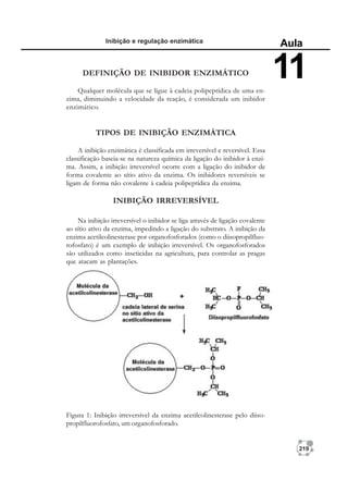 219
Inibição e regulação enzimática
Aula
11
DEFINIÇÃO DE INIBIDOR ENZIMÁTICO
Qualquer molécula que se ligue à cadeia polipeptídica de uma en-
zima, diminuindo a velocidade da reação, é considerada um inibidor
enzimático.
TIPOS DE INIBIÇÃO ENZIMÁTICA
A inibição enzimática é classificada em irreversível e reversível. Essa
classificação baseia-se na natureza química da ligação do inibidor à enzi-
ma. Assim, a inibição irreversível ocorre com a ligação do inibidor de
forma covalente ao sítio ativo da enzima. Os inibidores reversíveis se
ligam de forma não covalente à cadeia polipeptídica da enzima.
INIBIÇÃO IRREVERSÍVEL
Na inibição irreversível o inibidor se liga através de ligação covalente
ao sítio ativo da enzima, impedindo a ligação do substrato. A inibição da
enzima acetilcolinesterase por organofosforados (como o diisopropilfluo-
rofosfato) é um exemplo de inibição irreversível. Os organofosforados
são utilizados como inseticidas na agricultura, para controlar as pragas
que atacam as plantações.
Figura 1: Inibição irreversível da enzima acetilcolinesterase pelo diiso-
propilfluorofosfato, um organofosforado.
 