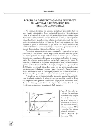 226
Bioquímica
EFEITO DA CONCENTRAÇÃO DO SUBSTRATO
NA ATIVIDADE ENZIMÁTICA DAS
ENZIMAS ALOSTÉRICAS
As enzimas alostéricas são enzimas complexas, possuindo duas ou
mais cadeias polipeptídicas. Essas enzimas são proteínas oligoméricas. A
curva de velocidade de reação em função do aumento da concentração
de substrato para as enzimas do tipo Michaelis-Menten, é uma hipérbole
retangular, (como aprendemos na aula de introdução ao estudo das enzi-
mas), as enzimas alostéricas, por sua vez, descrevem uma curva do tipo
sigmóide (Figura 7). Outro aspecto que merece ser destacado sobre as
enzimas alostéricas é que a concentração de substrato que corresponde à
metade da velocidade máxima é conhecido como K0,5
.
As enzimas alostéricas apresentam propriedades cooperativas, ou seja,
comunicação entre as suas cadeias polipeptídicas, comunicação essa que se
caracteriza por uma mudança conformacional da enzima quando a ela se
ligam os seus moduladores. Isto pode ser constatado pelo efeito da concen-
tração do substrato na velocidade da reação. Sob concentrações baixas de
substrato, a velocidade da reação vai ser igualmente baixa, aumentos subse-
qüentes podem elevar a velocidade da reação, multiplicando-a por um fator
de 500 vezes a velocidade inicial. Isso ocorre por que as enzimas alostéricas
apresentam propriedades cooperativas ou cooperatividade. A cooperativida-
de é a comunicação entre as cadeias polipeptídicas das enzimas alostéricas é
de dois tipos: Cooperatividade positiva e cooperatividade negativa.
A ligação de um modulador ativador a um sítio regulador pode facili-
tar a ligação de moléculas de substratos aos outros sítios catalíticos. Essa
é a cooperatividade positiva. No entanto, a ligação do modulador inibi-
dor a um sítio regulador, diminuirá a ligação da enzima pelo substrato,
verificando-se, portanto, a cooperatividade negativa.
Figura 7. Curva de ve-
locidade das enzimas
alostéricas em função
da variação da concen-
tração do substrato e
efeitos dos modulado-
res alostéricos hetero-
trópico positivo (M+)
e negativo (M-) na sua
curva de saturação.
Fonte: Garret &
Grisham, 1995.
 