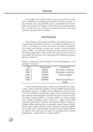 230
Bioquímica
Os zimogênios são enzimas inativas porque não possuem um sítio
ativo. A hidrólise do zimogênio pelas enzimas hidrolíticas, resultam em
que interações antes não permitidas entre os aminoácidos sejam desco-
bertas. Isso proporciona mudanças conformacionais da cadeia polipeptí-
dica, fazendo com que o sítio ativo da enzima constitua-se como uma
estrutura tridimensional bem definida.
ISOENZIMAS
Outro fenômeno de regulação metabólica e que depende da estrutu-
ra quaternária das proteínas enzimáticas é a produção na célula de isoen-
zimas. As isoenzimas ou isozimas são formas moleculares múltiplas de
uma enzima, que realizam a mesma ação catalítica. A lactato-desidro-
genase (LDH), um tetrâmero formado por duas espécies diferentes
de cadeias polipeptídicas, denominadas M (músculo) e H (coração) é
um exemplo de isoenzima. Essas subunidades são codificadas por genes
diferentes (Tabela 1).
Tabela 1. Composição das subunidades da lactato-desidrogenase e suas
principais localizações
A lactato desidrogenase catalisa a redução reversível do piruvato a lacta-
to. Desse modo, no músculo esquelético a isoenzima LDH”5 apresenta Vmax
elevada para o piruvato e, portanto, converte rapidamente o piruvato a lacta-
to. No caso da LDH”1, encontrada no coração a Vmax é relativamente baixa
para o piruvato, não favorecendo a formação do lactato. O excesso de piru-
vato inibe a isoenzima LDH-1. O músculo cardíaco, um tecido essencial-
mente aeróbico, metaboliza a glicose a piruvato e, a seguir, a CO2 e H2O,
produzindo pouco lactato. Entretanto, em situações de déficit de oxigênio no
ambiente celular, o piruvato pode ser convertido a lactato. Assim, as caracte-
rísticas cinéticas distintas das duas enzimas determinam o tipo de metabolis-
mo em cada tecido. Foram estudadas isoenzimas de várias enzimas diferen-
tes, sendo as mais importantes, do ponto de vista clínico, além da lactato
desidrogenase, a creatina cinase e a fosfatase alcalina.
 