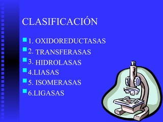 CLASIFICACIÓN
■
■
■
■
■
■
1.
2.
3.
OXIDOREDUCTASAS
TRANSFERASAS
HIDROLASAS
4.LIASAS
5. ISOMERASAS
6.LIGASAS
 