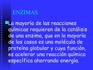ENZIMAS
■La mayoría de las reacciones
químicas requieren de la catálisis
en la mayoría
molécula de
cuya función,
de una enzima, que
de los casos es una
proteína globular y
es acelerar una reacción química
específica ahorrando energía.
 