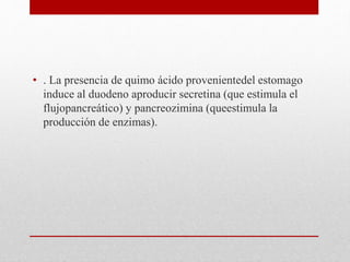 • . La presencia de quimo ácido provenientedel estomago
induce al duodeno aproducir secretina (que estimula el
flujopancreático) y pancreozimina (queestimula la
producción de enzimas).
 