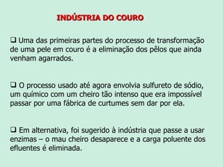 INDÚSTRIA DO COURO Uma das primeiras partes do processo de transformação de uma pele em couro é a eliminação dos pêlos que ainda venham agarrados.  O processo usado até agora envolvia sulfureto de sódio, um químico com um cheiro tão intenso que era impossível passar por uma fábrica de curtumes sem dar por ela. Em alternativa, foi sugerido à indústria que passe a usar enzimas – o mau cheiro desaparece e a carga poluente dos efluentes é eliminada. 
