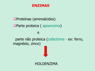 ENZIMAS  Proteínas (aminoácidos) Parte proteica (  apoenzima ) e parte não proteica ( cofactores -  ex: ferro,  magnésio, zinco) HOLOENZIMA 