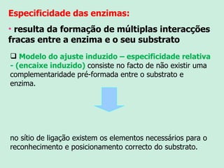 Especificidade das enzimas: resulta da formação de múltiplas interacções fracas entre a enzima e o seu substrato Modelo do ajuste induzido – especificidade relativa - (encaixe induzido)  consiste no facto de não existir uma complementaridade pré-formada entre o substrato e enzima.  no sítio de ligação existem os elementos necessários para o reconhecimento e posicionamento correcto do substrato. 