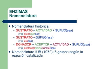 Nomenclatura histórica: SUSTRATO  +  ACTIVIDAD  +  SUFIJO(asa) (v.g.  gluco quin asa ) SUSTRATO  +  SUFIJO(asa) (v.g.  ure asa ) DONADOR  +  ACEPTOR  +  ACTIVIDAD  +  SUFIJO(asa) (v.g.  oxalacetil amino transfer asa ) Nomenclatura IUB (1972): 6 grupos según la reacción catalizada ENZIMAS Nomenclatura 