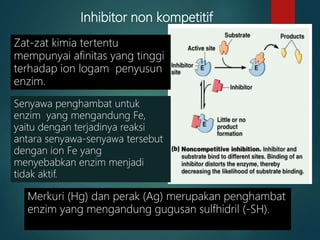 Inhibitor non kompetitif
Zat-zat kimia tertentu
mempunyai afinitas yang tinggi
terhadap ion logam penyusun
enzim.
Senyawa penghambat untuk
enzim yang mengandung Fe,
yaitu dengan terjadinya reaksi
antara senyawa-senyawa tersebut
dengan ion Fe yang
menyebabkan enzim menjadi
tidak aktif.
Merkuri (Hg) dan perak (Ag) merupakan penghambat
enzim yang mengandung gugusan sulfhidril (-SH).
 