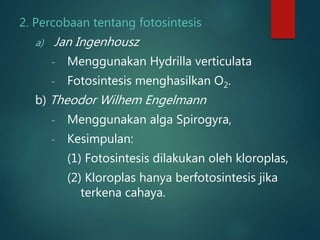 2. Percobaan tentang fotosintesis
a) Jan Ingenhousz
- Menggunakan Hydrilla verticulata
- Fotosintesis menghasilkan O2.
b) Theodor Wilhem Engelmann
- Menggunakan alga Spirogyra,
- Kesimpulan:
(1) Fotosintesis dilakukan oleh kloroplas,
(2) Kloroplas hanya berfotosintesis jika
terkena cahaya.
 