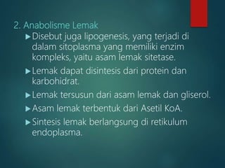 2. Anabolisme Lemak
Disebut juga lipogenesis, yang terjadi di
dalam sitoplasma yang memiliki enzim
kompleks, yaitu asam lemak sitetase.
Lemak dapat disintesis dari protein dan
karbohidrat.
Lemak tersusun dari asam lemak dan gliserol.
Asam lemak terbentuk dari Asetil KoA.
Sintesis lemak berlangsung di retikulum
endoplasma.
 