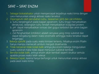 Amudiono
Amudiono
SIFAT – SIFAT ENZIM
1. Sebagai biokatalisator untuk mempercepat terjadinya reaksi kimia dengan
cara menurunkan energi aktivasi reaksi tersebut
2. Dipengaruhi oleh perubahan suhu, keasaman (pH) dan zat inhibitor.
a. Suhu berpengaruh pada bagian apoenzim. Suhu tinggi menyebabkan
denaturasi, sedangkan suhu rendah menyebabkan koagolasi proteni
b. pH dapat menyebabkan ionisasi dari gugus karboksil dan amin bagian
apoenzim
c. Zat Penghambat (inhibitor) adalah senyawa yang mirip substrat dan
dapat bergabung dalam reaksi enzimatik sehingga reaksi tersebut dapat
terganggu
3. Bekerja spesifik pada suatu reaksi kimiawi tertentu. Misalnya enzim Ptialin
hanya mampu memecah amilum menjadi disakharida
4. Tidak berperan tidak bolak balik artinya jika enzim bekerja menguraikan
suatu substrat maka tidak dapat menyusun substrat kembali
5. Bersifat bolak balik, artinya enzim akan kembali seperti struktur semula
apabila proses reaksi telah selesai
6. Bekerja Cepat, karena hanya berfungsi untuk menurunkan energi aktivasi
pada awal reaksi kimia
 