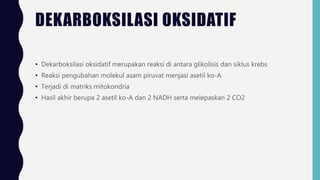 DEKARBOKSILASI OKSIDATIF
• Dekarboksilasi oksidatif merupakan reaksi di antara glikolisis dan siklus krebs
• Reaksi pengubahan molekul asam piruvat menjasi asetil ko-A
• Terjadi di matriks mitokondria
• Hasil akhir berupa 2 asetil ko-A dan 2 NADH serta melepaskan 2 CO2
 