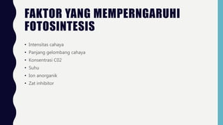 FAKTOR YANG MEMPERNGARUHI
FOTOSINTESIS
• Intensitas cahaya
• Panjang gelombang cahaya
• Konsentrasi C02
• Suhu
• Ion anorganik
• Zat inhibitor
 
