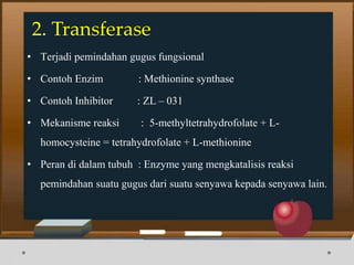 2. Transferase
• Terjadi pemindahan gugus fungsional
• Contoh Enzim : Methionine synthase
• Contoh Inhibitor : ZL – 031
• Mekanisme reaksi : 5-methyltetrahydrofolate + L-
homocysteine = tetrahydrofolate + L-methionine
• Peran di dalam tubuh : Enzyme yang mengkatalisis reaksi
pemindahan suatu gugus dari suatu senyawa kepada senyawa lain.
 