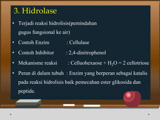3. Hidrolase
• Terjadi reaksi hidrolisis(pemindahan
gugus fungsional ke air)
• Contoh Enzim : Cellulase
• Contoh Inhibitor : 2,4-dinitrophenol
• Mekanisme reaksi : Celluohexaose + H2O = 2 cellotriose
• Peran di dalam tubuh : Enzim yang berperan sebagai katalis
pada reaksi hidrolisis baik pemecahan ester glikosida dan
peptide.
 