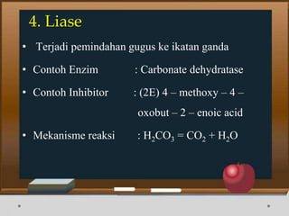4. Liase
• Terjadi pemindahan gugus ke ikatan ganda
• Contoh Enzim : Carbonate dehydratase
• Contoh Inhibitor : (2E) 4 – methoxy – 4 –
oxobut – 2 – enoic acid
• Mekanisme reaksi : H2CO3 = CO2 + H2O
 