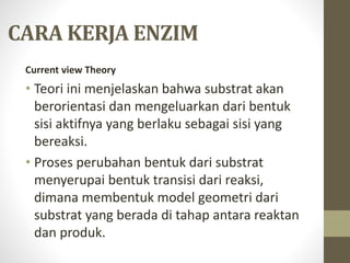 CARA KERJA ENZIM
Current view Theory
• Teori ini menjelaskan bahwa substrat akan
berorientasi dan mengeluarkan dari bentuk
sisi aktifnya yang berlaku sebagai sisi yang
bereaksi.
• Proses perubahan bentuk dari substrat
menyerupai bentuk transisi dari reaksi,
dimana membentuk model geometri dari
substrat yang berada di tahap antara reaktan
dan produk.
 