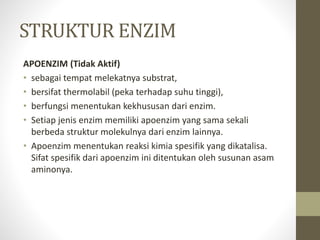 STRUKTUR ENZIM
APOENZIM (Tidak Aktif)
• sebagai tempat melekatnya substrat,
• bersifat thermolabil (peka terhadap suhu tinggi),
• berfungsi menentukan kekhususan dari enzim.
• Setiap jenis enzim memiliki apoenzim yang sama sekali
berbeda struktur molekulnya dari enzim lainnya.
• Apoenzim menentukan reaksi kimia spesifik yang dikatalisa.
Sifat spesifik dari apoenzim ini ditentukan oleh susunan asam
aminonya.
 