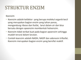 STRUKTUR ENZIM
Koenzim
• Koenzim adalah kofaktor yang berupa molekul organik kecil
yang merupakan bagian enzim yang tahan panas,
mengandung ribose dan fosfat, larut dalam air dan bisa
bersatu dengan apoenzim membentuk holoenzim.
• Koenzim tidak terikat kuat pada bagian apoenzim sehingga
mudah terurai dalam larutan.
• Contoh koenzim adalah NADH, NADP dan adenosin trifosfat.
Koenzim merupakan bagian enzim yang bersifat reaktif.
 
