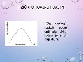FIZIČKI UTICAJI-UTICAJ PH
Za enzimsku
reakcij postoji
optimalan pH pri
kojem je enzim
najaktivniji
 