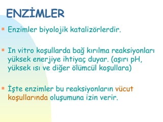 ENZİMLER
s   Enzimler biyolojik katalizörlerdir.

s   In vitro koşullarda bağ kırılma reaksiyonları
    yüksek enerjiye ihtiyaç duyar. (aşırı pH,
    yüksek ısı ve diğer ölümcül koşullara)

s   İşte enzimler bu reaksiyonların vücut
    koşullarında oluşumuna izin verir.
 