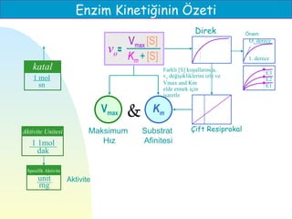 Enzim Kinetiğinin Özeti
                                                                Direk           Önem
                                     Vmax [S]                                    O. derece
                                 vo=
                                     Km + [S]                                   1. derece
    katal                                        Farklı [S] koşullarında,
                                                 vo değişikliklerini izle ve           E3
    1 mol                                                                              E2
      sn                                         Vmax and Km                           E1
                                                 elde etmek için
                                                 işaretle

                                Vmax   &      Km
Aktivite Unitesi            Maksimum       Substrat           Çift Resiprokal
   1 1mol                      Hız         Afinitesi
     dak

 Spesifik Aktivite
      unit           Aktivite
      mg
 