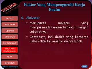 SK / KD
INDIKATOR
STRUKTUR
CIRI-CIRI/SIFAT
FAKTORYANG
MEMPENGARUHI
QUIZ
DEFINISI
REFERENSI
SMAN 1 Arjawinangun
6. Aktivator
• merupakan molekul yang
mempermudah enzim berikatan dengan
substratnya.
• Contohnya, ion klorida yang berperan
dalam aktivitas amilase dalam ludah.
Faktor Yang Mempengaruhi Kerja
Enzim
FAKTORYANG
MEMPENGARUHI
Back
 