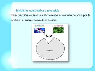 Inhibición competitiva o reversible
Esta reacción se lleva a cabo cuando el sustrato compite por la
unión en el cuerpo activo de la enzima.
 