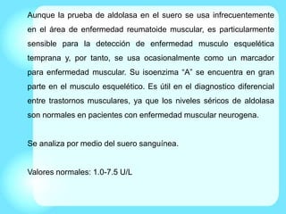 Aunque la prueba de aldolasa en el suero se usa infrecuentemente
en el área de enfermedad reumatoide muscular, es particularmente
sensible para la detección de enfermedad musculo esquelética
temprana y, por tanto, se usa ocasionalmente como un marcador
para enfermedad muscular. Su isoenzima “A” se encuentra en gran
parte en el musculo esquelético. Es útil en el diagnostico diferencial
entre trastornos musculares, ya que los niveles séricos de aldolasa
son normales en pacientes con enfermedad muscular neurogena.
Se analiza por medio del suero sanguínea.
Valores normales: 1.0-7.5 U/L
 