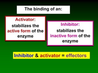 The binding of an:
Inhibitor & activator = effectors
Activator:
stabilizes the
active form of the
enzyme
Inhibitor:
stabilizes the
inactive form of the
enzyme
 