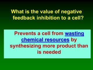 What is the value of negative
feedback inhibition to a cell?
Prevents a cell from wasting
chemical resources by
synthesizing more product than
is needed
 