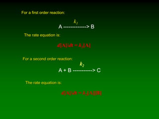 A -------------> B
k1
A + B -----------> C
k2
d[A]/dt = k1[A]
For a first order reaction:
For a second order reaction:
The rate equation is:
The rate equation is:
d[A]/dt = k2[A][B]
 