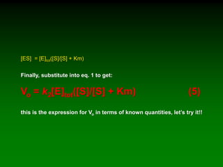 [ES] = [E]tot([S]/[S] + Km)
Finally, substitute into eq. 1 to get:
Vo = k2[E]tot([S]/[S] + Km) (5)
this is the expression for Vo in terms of known quantities, let’s try it!!
 