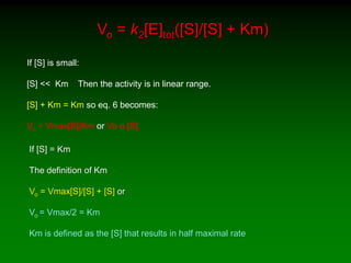 If [S] is small:
[S] << Km Then the activity is in linear range.
[S] + Km = Km so eq. 6 becomes:
Vo = Vmax[S]/Km or Vo α [S]
Vo = k2[E]tot([S]/[S] + Km)
If [S] = Km
The definition of Km
Vo = Vmax[S]/[S] + [S] or
Vo = Vmax/2 = Km
Km is defined as the [S] that results in half maximal rate
 