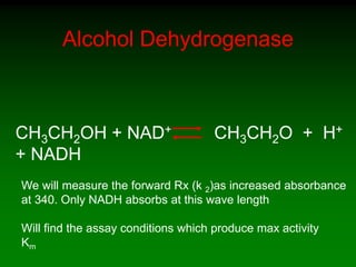 Alcohol Dehydrogenase
CH3CH2OH + NAD+ CH3CH2O + H+
+ NADH
We will measure the forward Rx (k 2)as increased absorbance
at 340. Only NADH absorbs at this wave length
Will find the assay conditions which produce max activity
Km
 