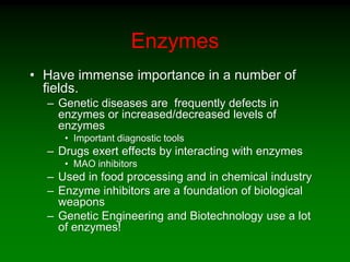 Enzymes
• Have immense importance in a number of
fields.
– Genetic diseases are frequently defects in
enzymes or increased/decreased levels of
enzymes
• Important diagnostic tools
– Drugs exert effects by interacting with enzymes
• MAO inhibitors
– Used in food processing and in chemical industry
– Enzyme inhibitors are a foundation of biological
weapons
– Genetic Engineering and Biotechnology use a lot
of enzymes!
 